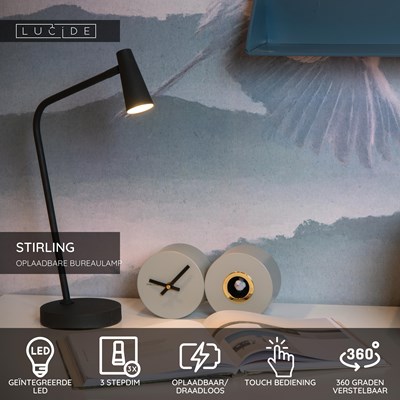 Lucide STIRLING - Oplaadbare Bureaulamp - Accu/Batterij - LED 3 StepDim - 1x3W 2700K - Zwart